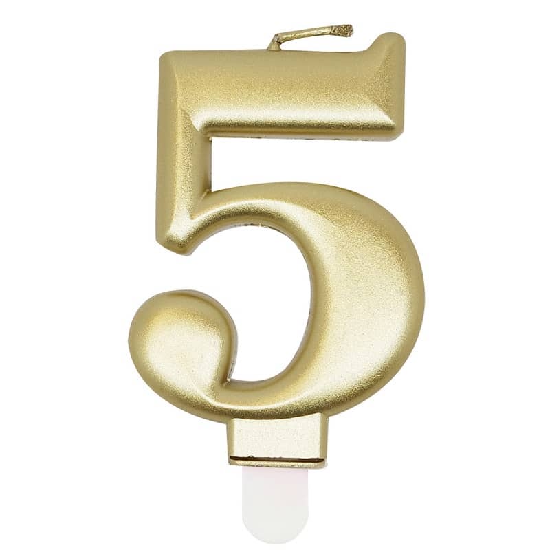 Metallic Gold Numeral Candle "5" With Holder - Party Owls