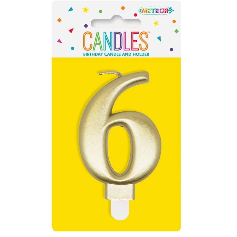 Metallic Gold Numeral Candle "6" With Holder - Party Owls