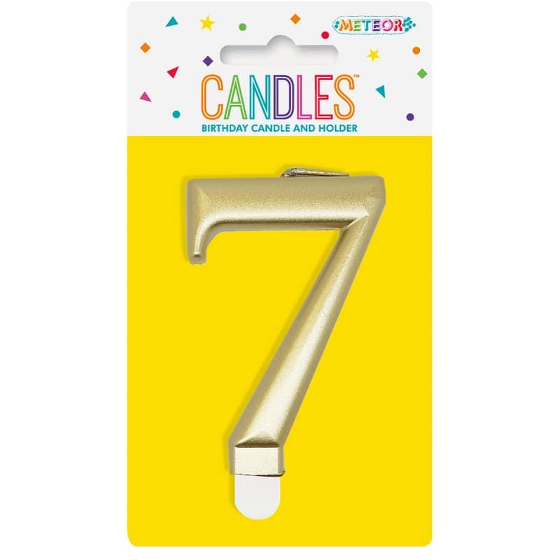 Metallic Gold Numeral Candle "7" With Holder - Party Owls