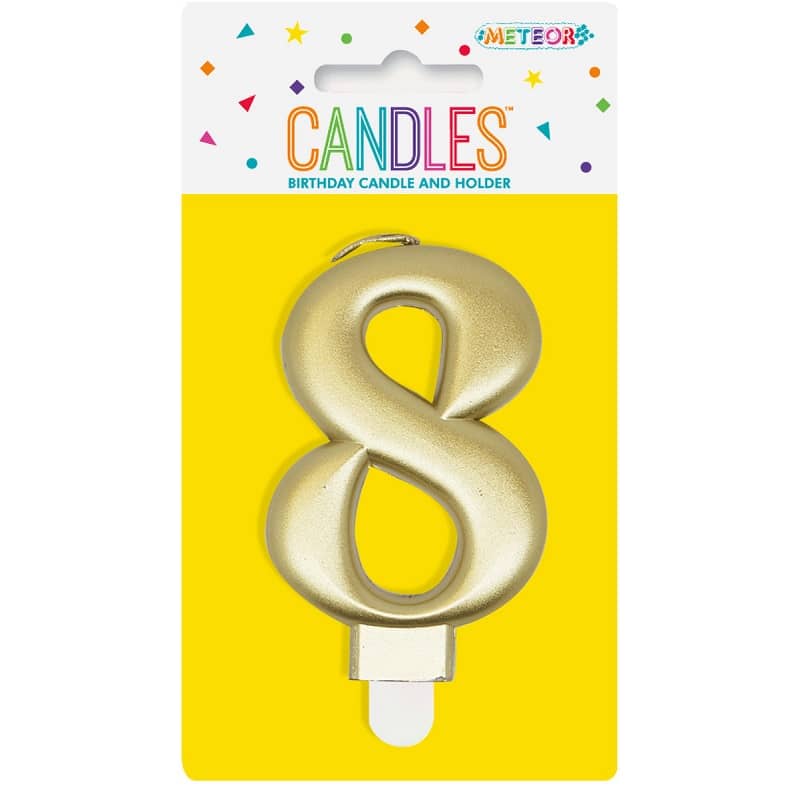 Metallic Gold Numeral Candle "8" With Holder - Party Owls