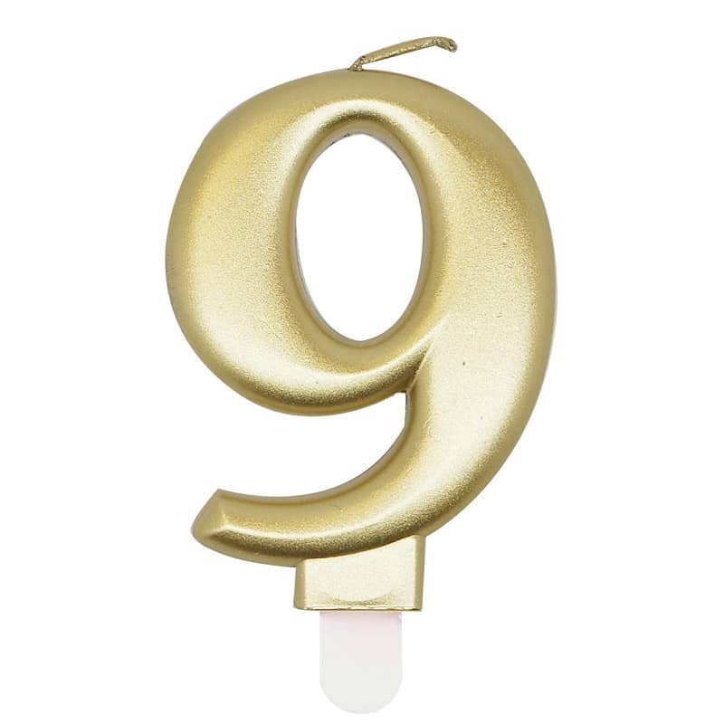 Metallic Gold Numeral Candle "9" With Holder - Party Owls