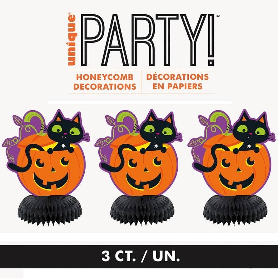 Halloween Cat Pumpkin Mini Honeycomb Decorations 3pk Centrepieces 78012 - Party Owls