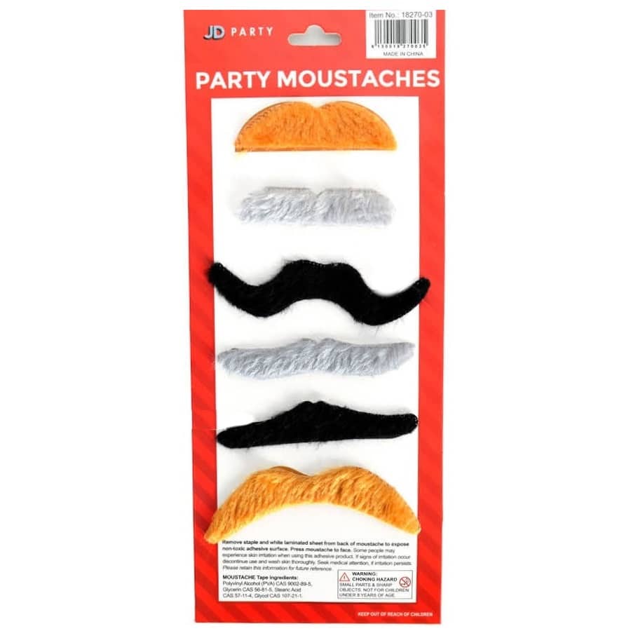 Multi-Colour Fake Moustaches Set 6pk Self-Adhesive - Party Owls