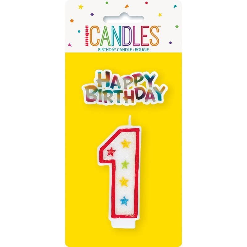 Numeral Candle "1" With Happy Birthday Cake Topper 37311 - Party Owls