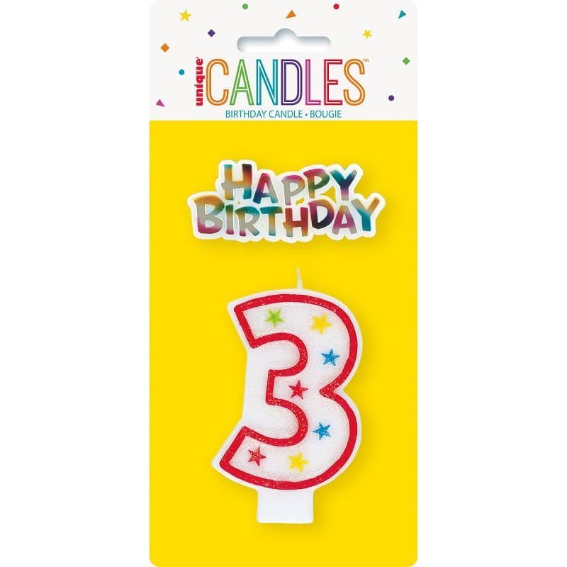 Numeral Candle "3" With Happy Birthday Cake Topper 37313 - Party Owls