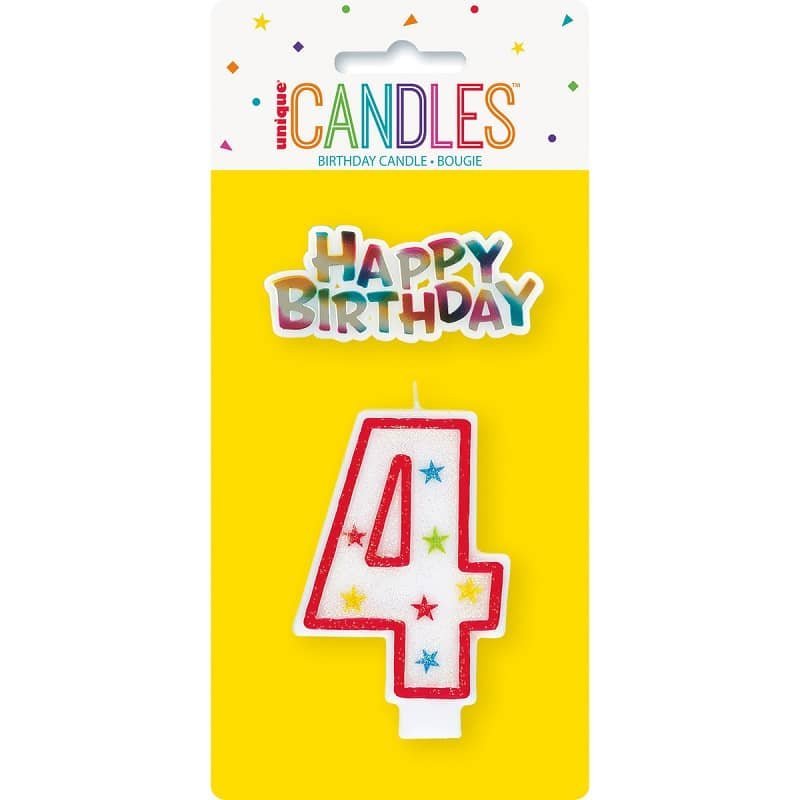 Numeral Candle "4" With Happy Birthday Cake Topper 37314 - Party Owls