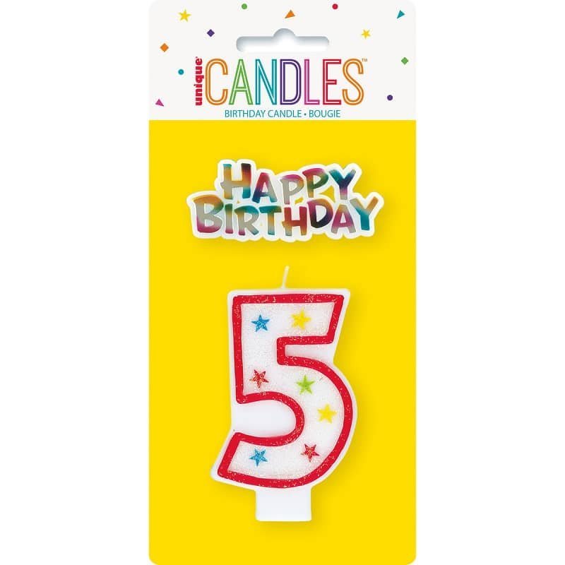 Numeral Candle "5" With Happy Birthday Cake Topper 37315 - Party Owls