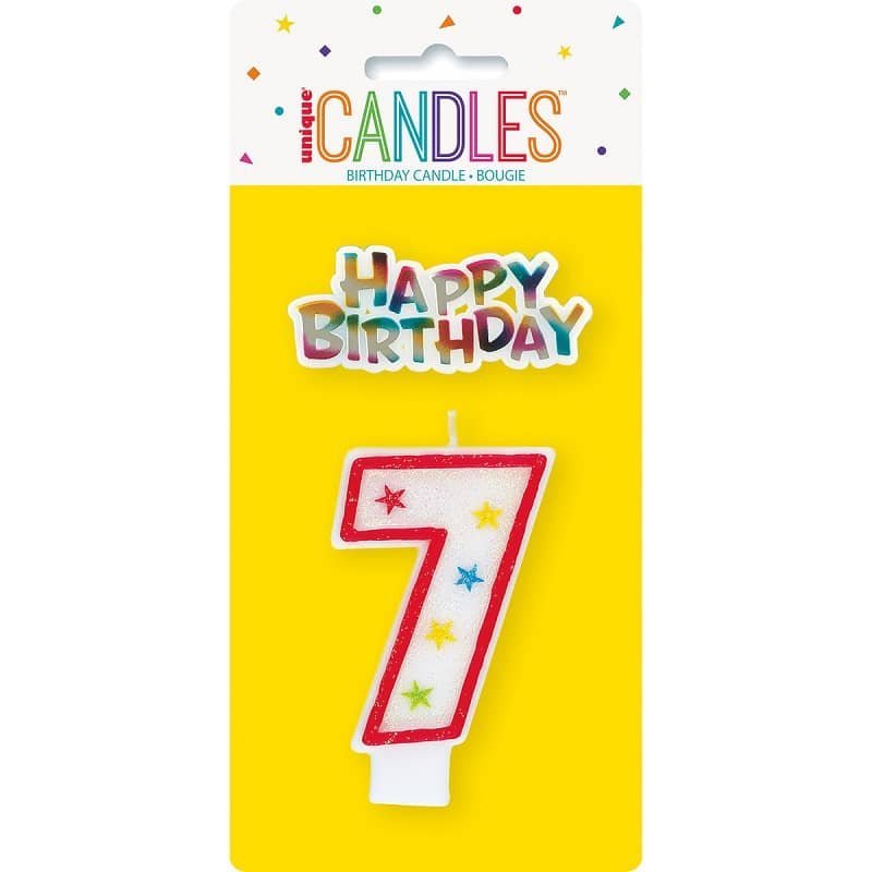 Numeral Candle "7" With Happy Birthday Cake Topper 37317 - Party Owls