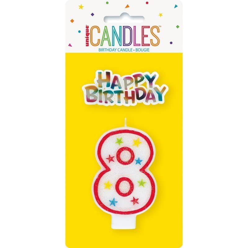 Numeral Candle "8" With Happy Birthday Cake Topper 37318 - Party Owls