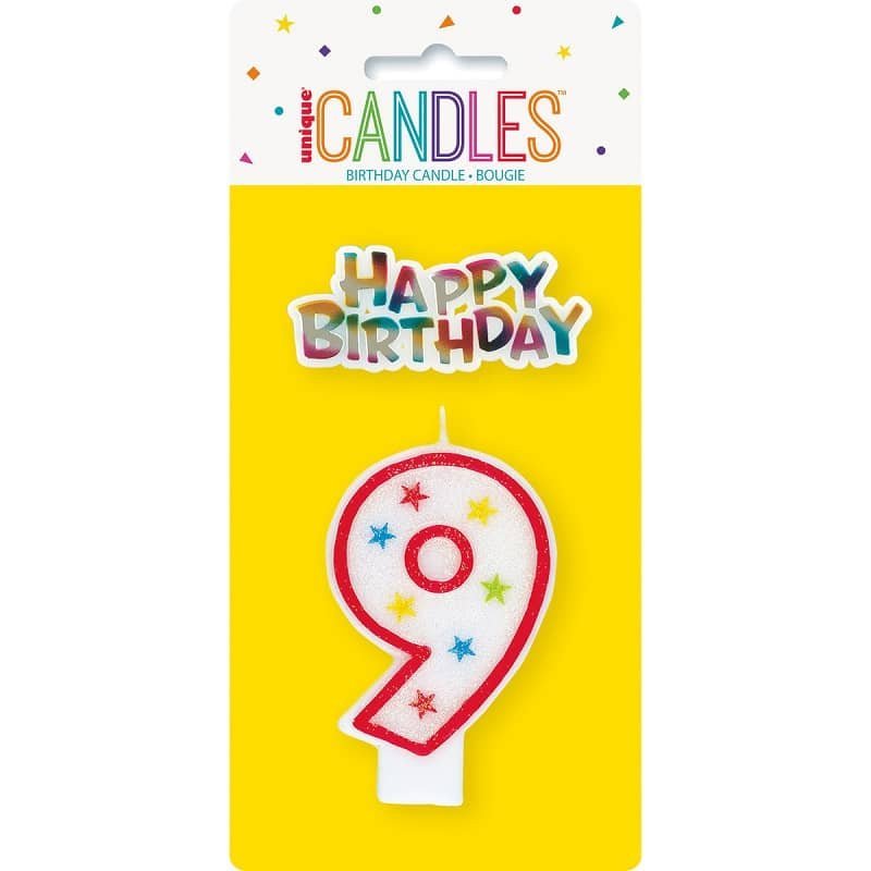 Numeral Candle "9" With Happy Birthday Cake Topper 37319 - Party Owls