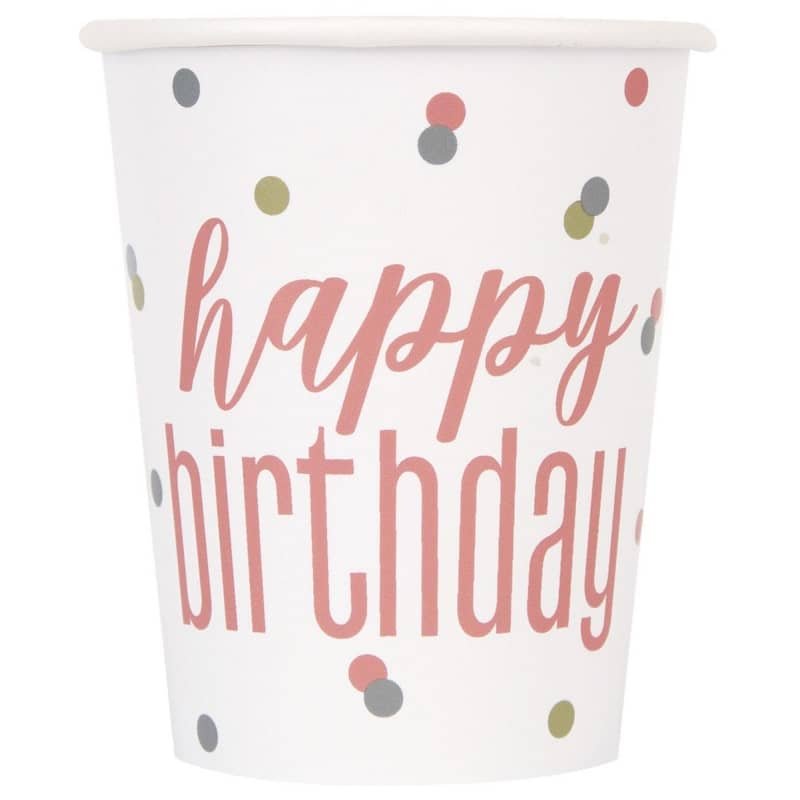 Rose Gold Happy Birthday Paper Cups 8pk 84896 - Party Owls