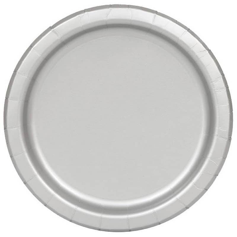 Silver Small Round Paper Plates 18cm (7") 8pk Solid Colour 3344 - Party Owls
