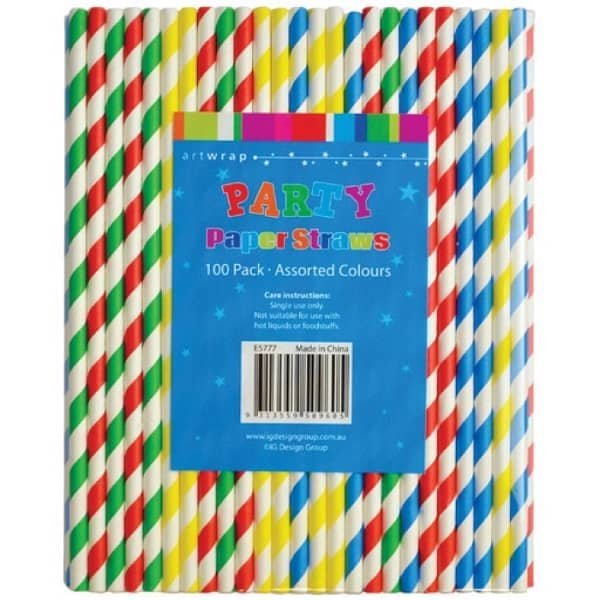 Paper Straws 100pk Striped Paper Drinking Straws Assorted Colour E5777 - Party Owls