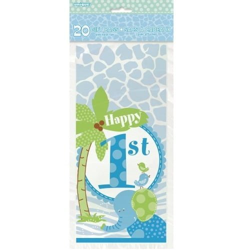 Party Bags 20pk 1st Birthday Blue Safari Jungle Cello Lolly Loot Bags 42611 - Party Owls
