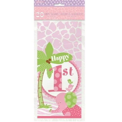 Party Bags 20pk 1st Birthday Pink Safari Jungle Cello Lolly Loot Bags 42561 - Party Owls