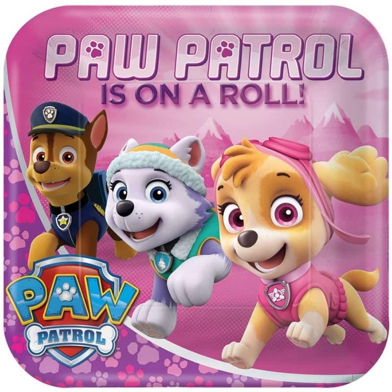 PAW Patrol Large Square Paper Plates 23CM (9") 8pk Girls Pink - Party Owls