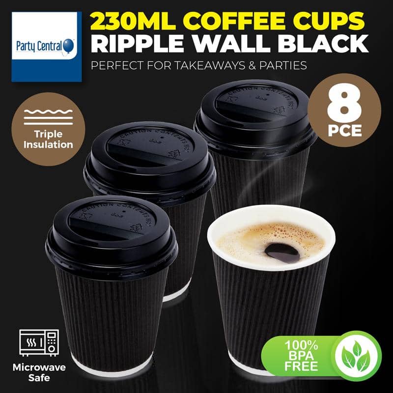 Regular Coffee Cups 230ml (8oz) 8pk With Lids - Party Owls
