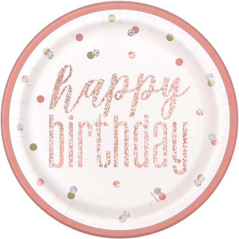 Rose Gold Happy Birthday Prismatic Paper Plates 23CM (9") 8pk - Party Owls