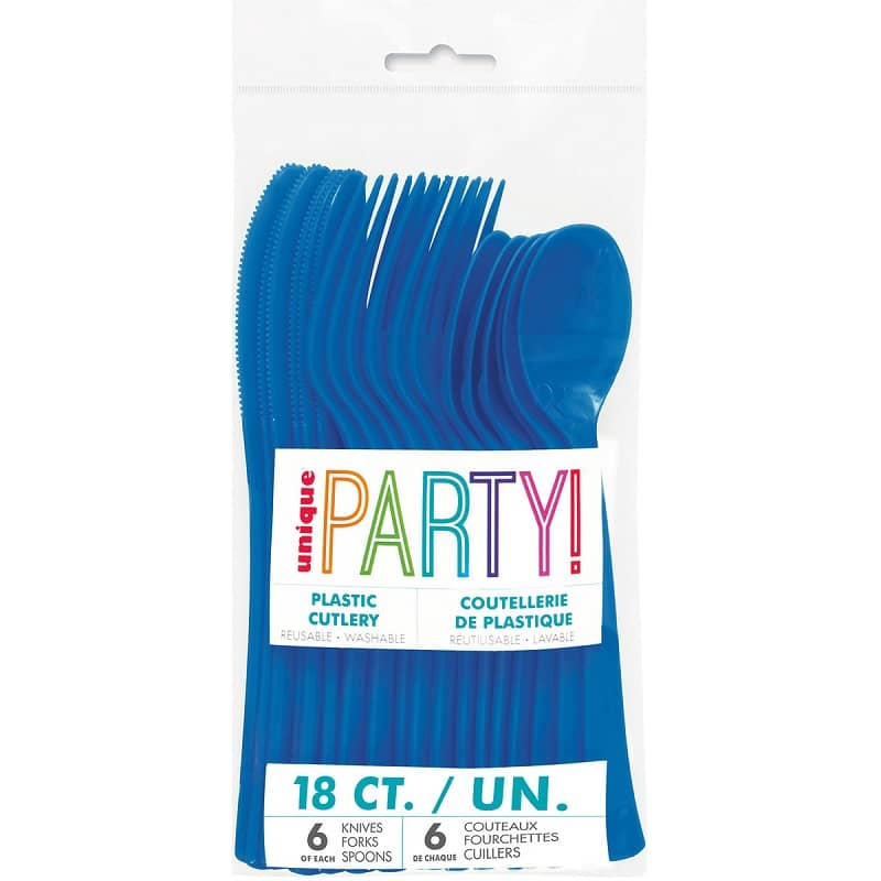 Royal Blue Solid Colour Plastic Assorted Cutlery 18pk Reusable - Party Owls