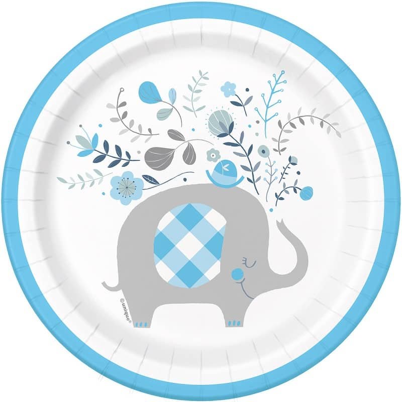 Floral Elephants Blue Small Paper Plates 18cm (7") 8pk Baby Shower 78394 - Party Owls