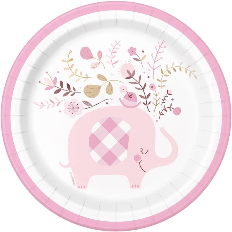 Floral Elephants Pink Small Paper Plates 18cm (7") 8pk Baby Shower 78374 - Party Owls