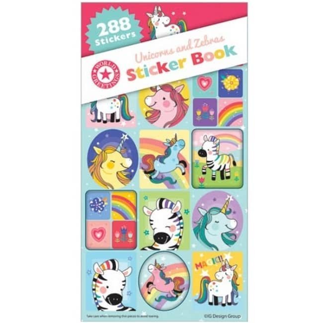 Unicorns And Zebras Sticker Book 288pk (12 Sheets) Party Favours WEB5782 - Party Owls