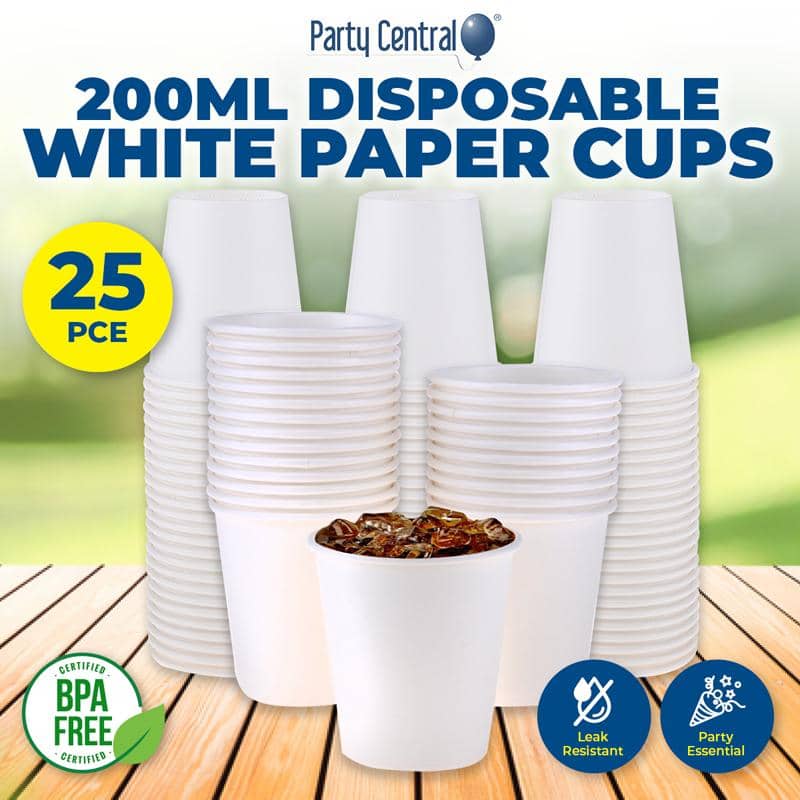 White Solid Colour Paper Cups 200ml 25pk - Party Owls