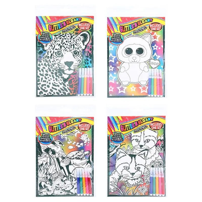 4 Glitter Colouring Art Sets With 20 Markers Assorted Designs - Party Owls