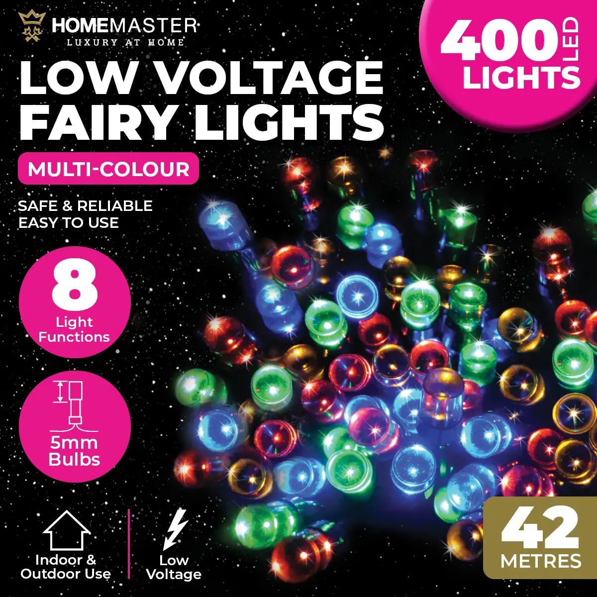 400 Multicolour LED Fairy Lights 40M Lit Length 8 Functions - Party Owls
