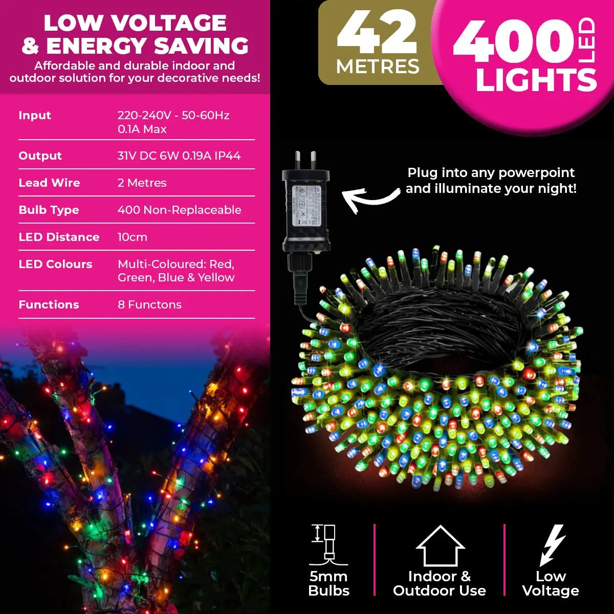 400 Multicolour LED Fairy Lights 40M Lit Length 8 Functions - Party Owls