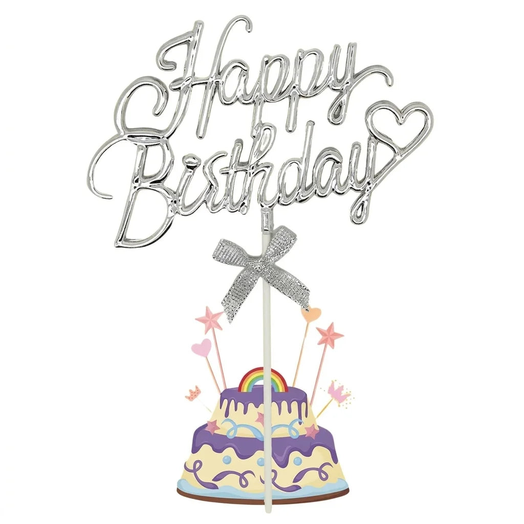 Silver Happy Birthday Cake Topper With Bow 12cm x 20cm