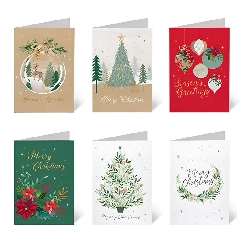 Christmas Cards 30pcs (115 x 170mm) w/Envelopes Textured Foil Christmas Tree Wreath Ornament