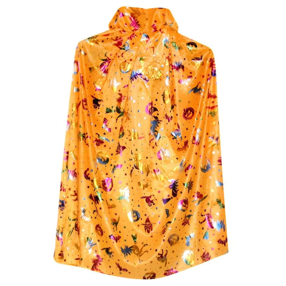 Kids Orange & Multicolour Halloween Witch Cape 75cm Witches Pumpkins Bats Print