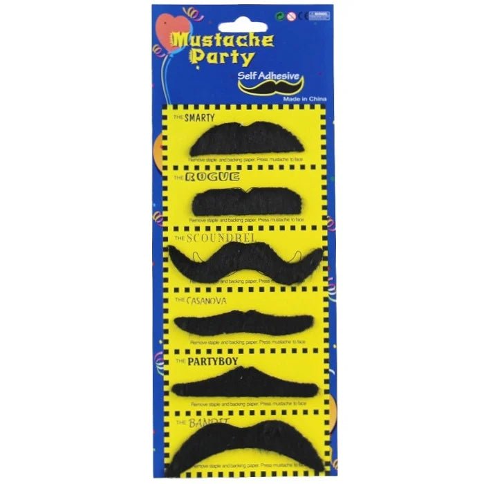 Black Fake Moustaches Set 6pcs Self - Adhesive - Party Owls