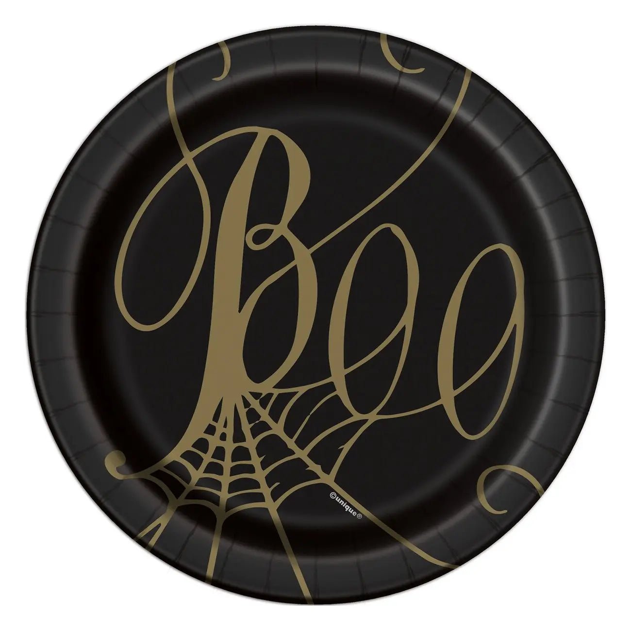 Black & Gold Spider Web Small Paper Plates 18cm (7") 8pk Halloween - Party Owls