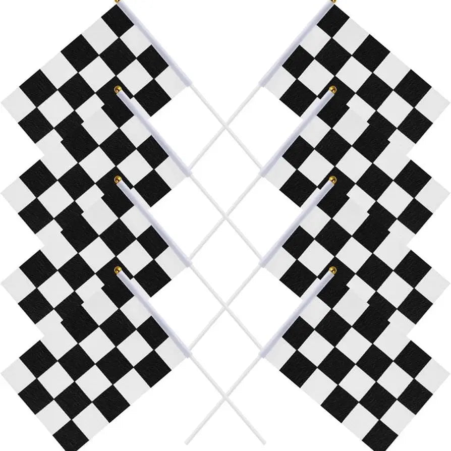 Black & White Checkered Hand Flags 8pcs 21cm x 14cm - Party Owls