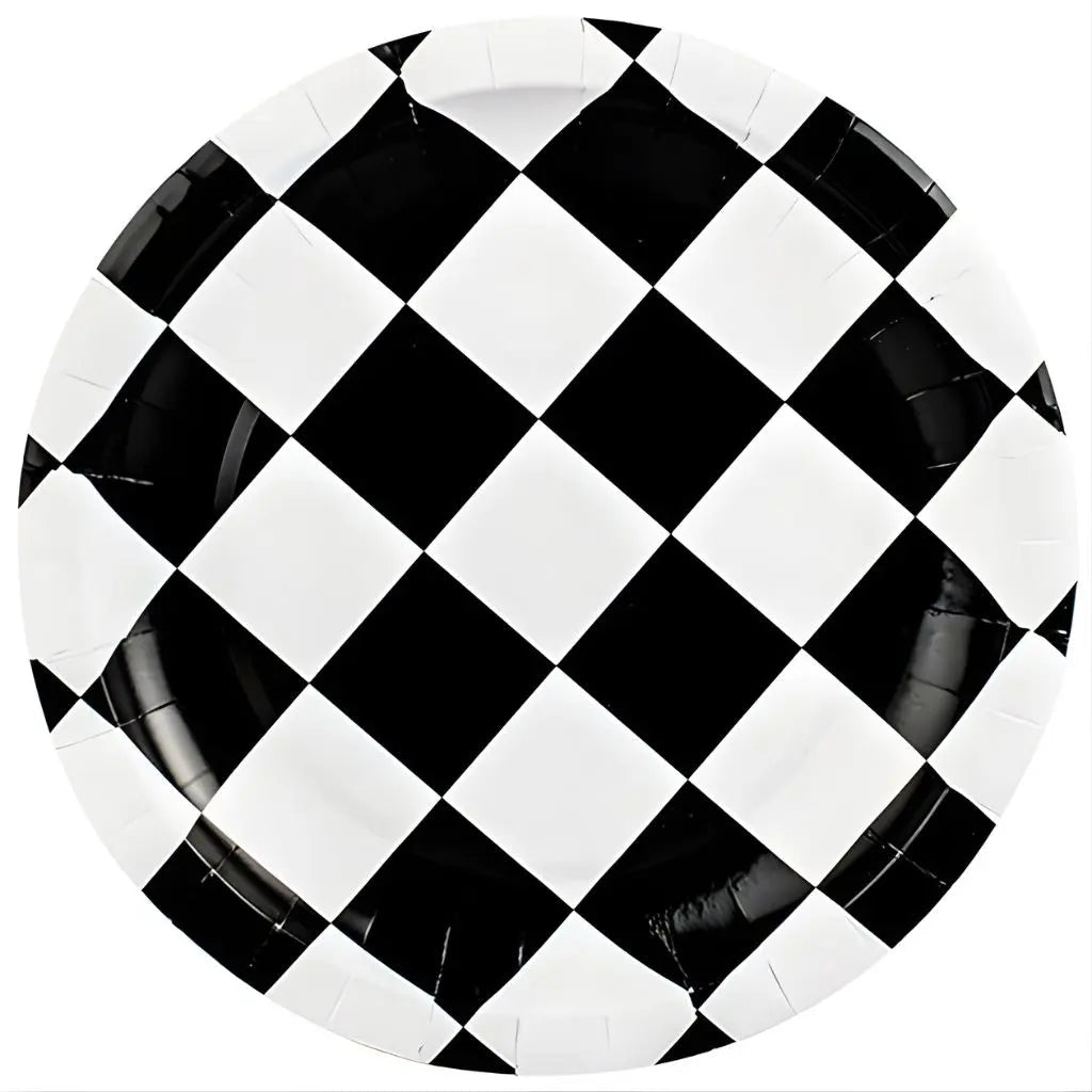 Black & White Checkered Large Paper Plates 23cm (9") 10pcs - Party Owls