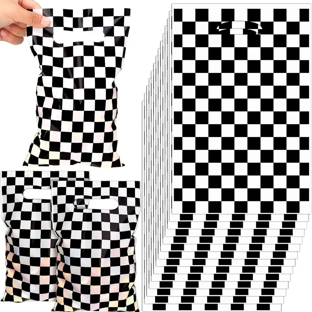 Black & White Checkered Plastic Party Bags 10pk - Party Owls