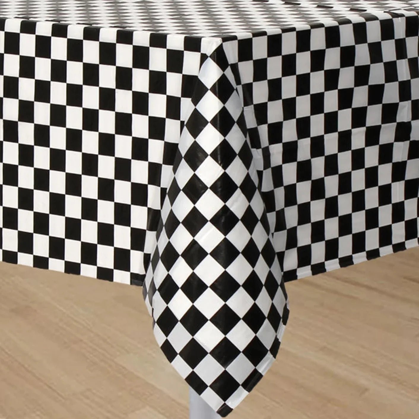 Black & White Checkered Plastic Table Cover 1.37m x 2.74m Tablecloth - Party Owls
