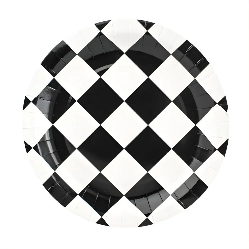 Black & White Checkered Small Paper Plates 18cm (7") 10pcs - Party Owls