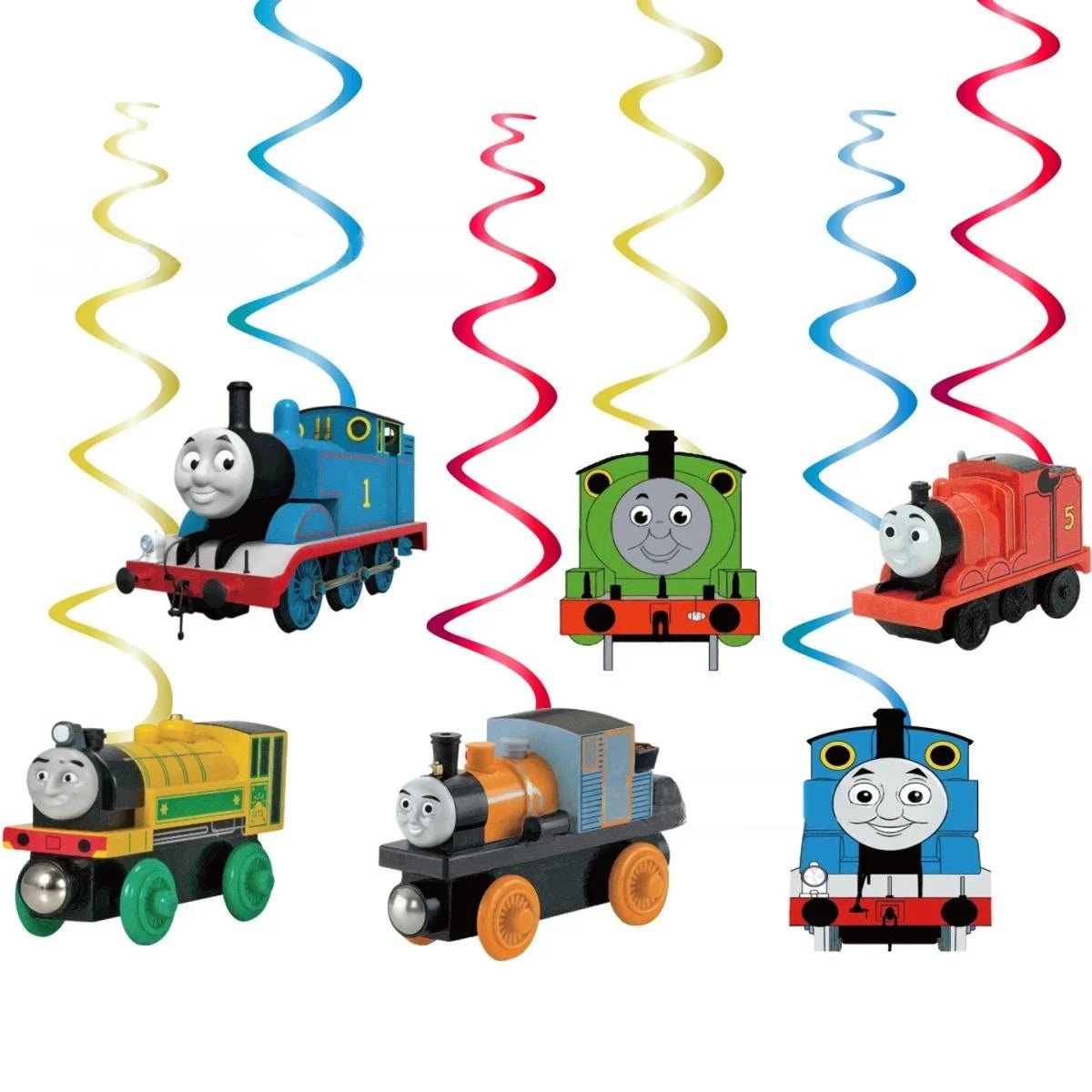 Blue Cartoon Tank Engine Hanging Swirl Decorations 6pcs - Party Owls
