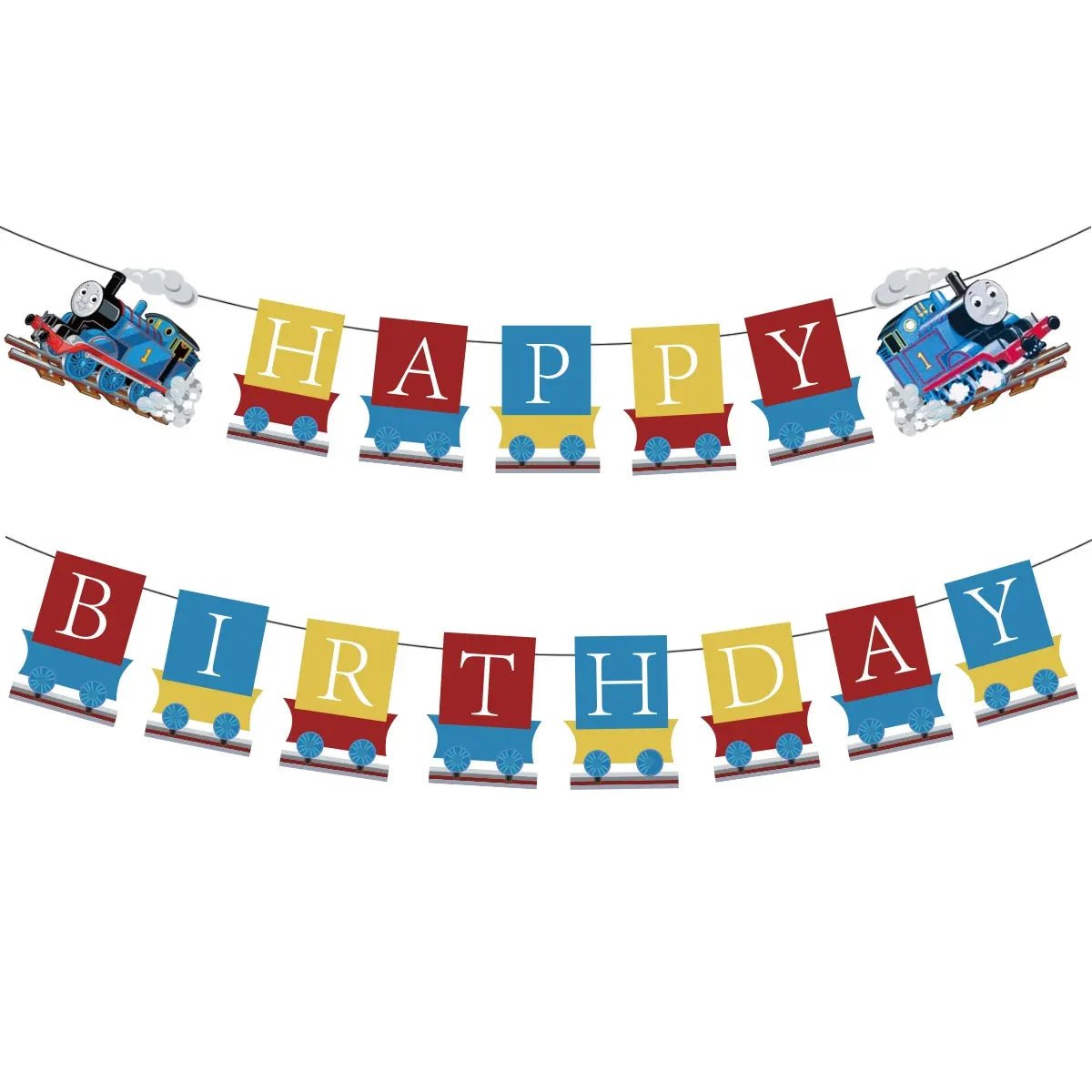 Blue Cartoon Tank Engine Paper Bunting Flags 15pcs - Happy Birthday - Party Owls