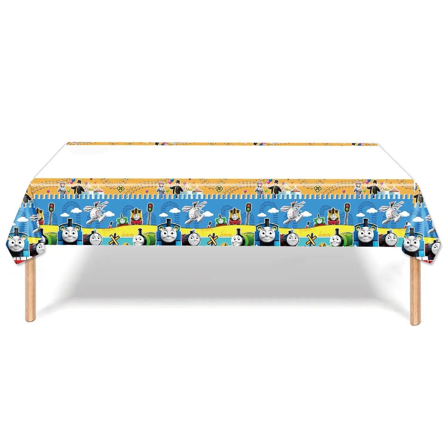 Blue Cartoon Tank Engine Plastic Table Cover 108cm x 180cm - Party Owls