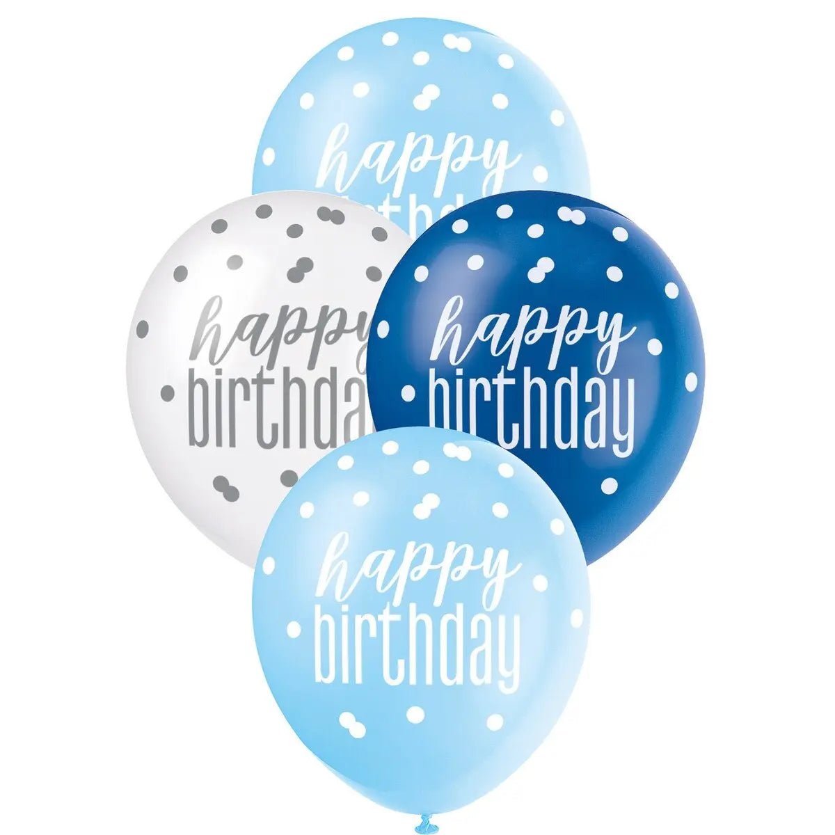Blue White Happy Birthday Latex Balloons 30cm (12") 6pcs - Party Owls
