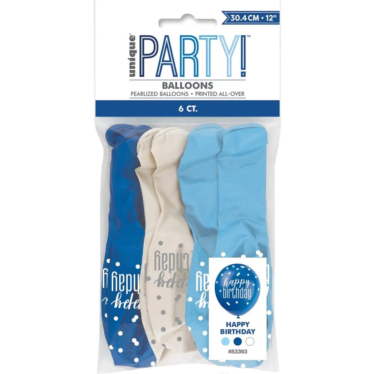 Blue White Happy Birthday Latex Balloons 30cm (12") 6pcs - Party Owls