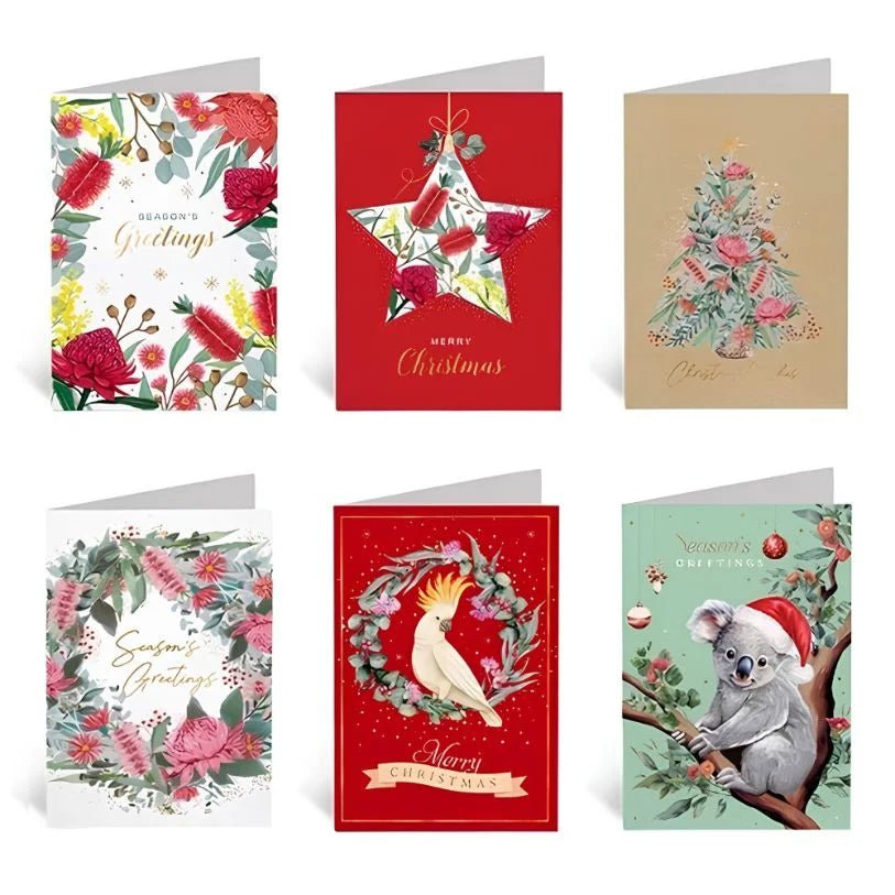Christmas Cards 30pcs (115 x 170mm) w/Envelopes Textured Foil Australian Koala Cockatoo Native Flowers - Party Owls
