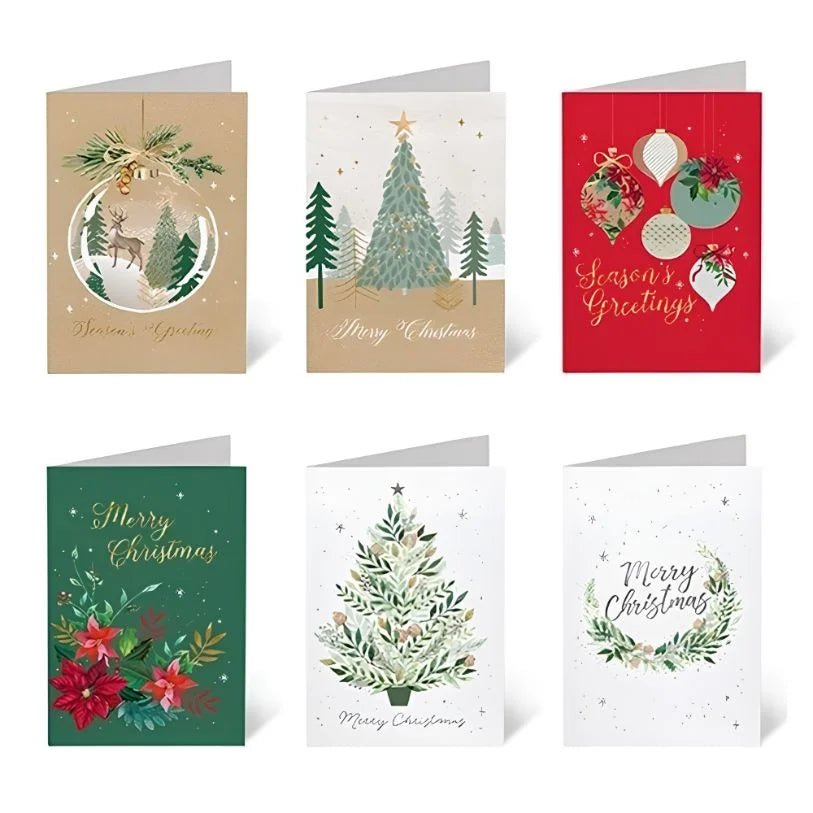Christmas Cards 30pcs (115 x 170mm) w/Envelopes Textured Foil Christmas Tree Wreath Ornament - Party Owls