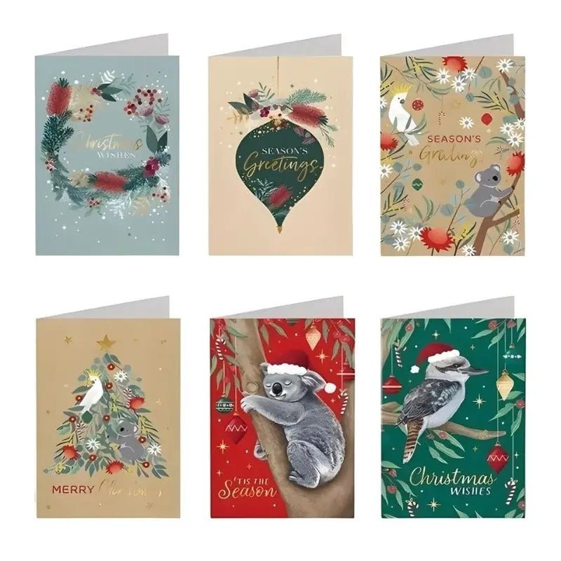 Christmas Cards 30pcs (115 x 170mm) w/Envelopes Textured Foil Cute Koala Kookaburra Cockatoo - Party Owls