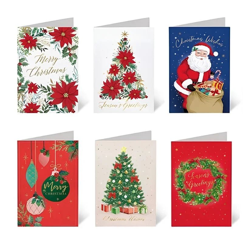 Christmas Cards 30pcs (115 x 170mm) w/Envelopes Textured Foil Santa Christmas Tree Wreath Poinsettia - Party Owls