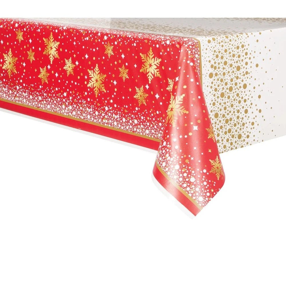 Christmas Red & Gold Sparkle Plastic Table Cover 137cm x 213cm - Party Owls